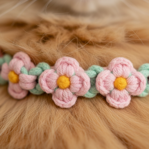 Cottagecore Handknit Flower Leather Dog Collar