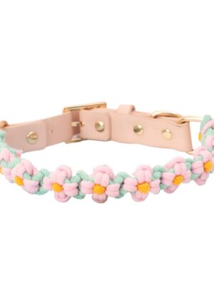 Cottagecore Handknit Flower Leather Dog Collar