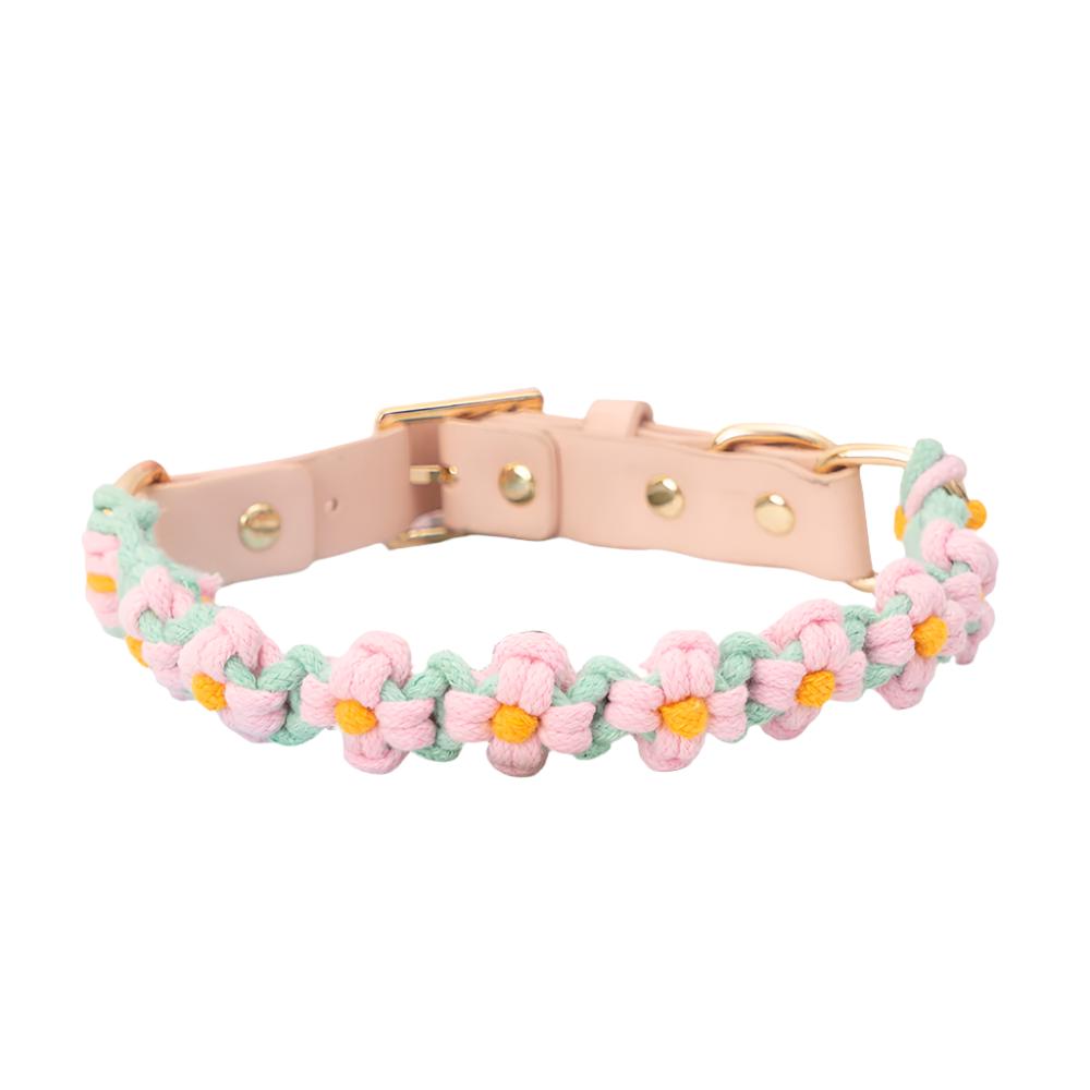 Cottagecore Handknit Flower Leather Dog Collar