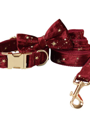 Starry Night Scarlet Red Velvet Collar Bow Tie Leash